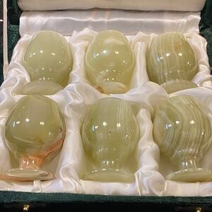 Set of Six Green Onyx Goblets shot glass size just over 2-3/4” tall.